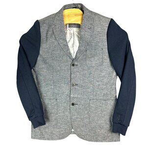 House Of Howe Blazer Jacket Men 38 Navy Gray Linen Embroidered Long Sleeve